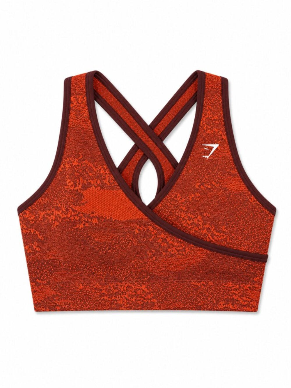 Gymshark Orange and Maroon Sports Bra with Crossed Back, Size Small